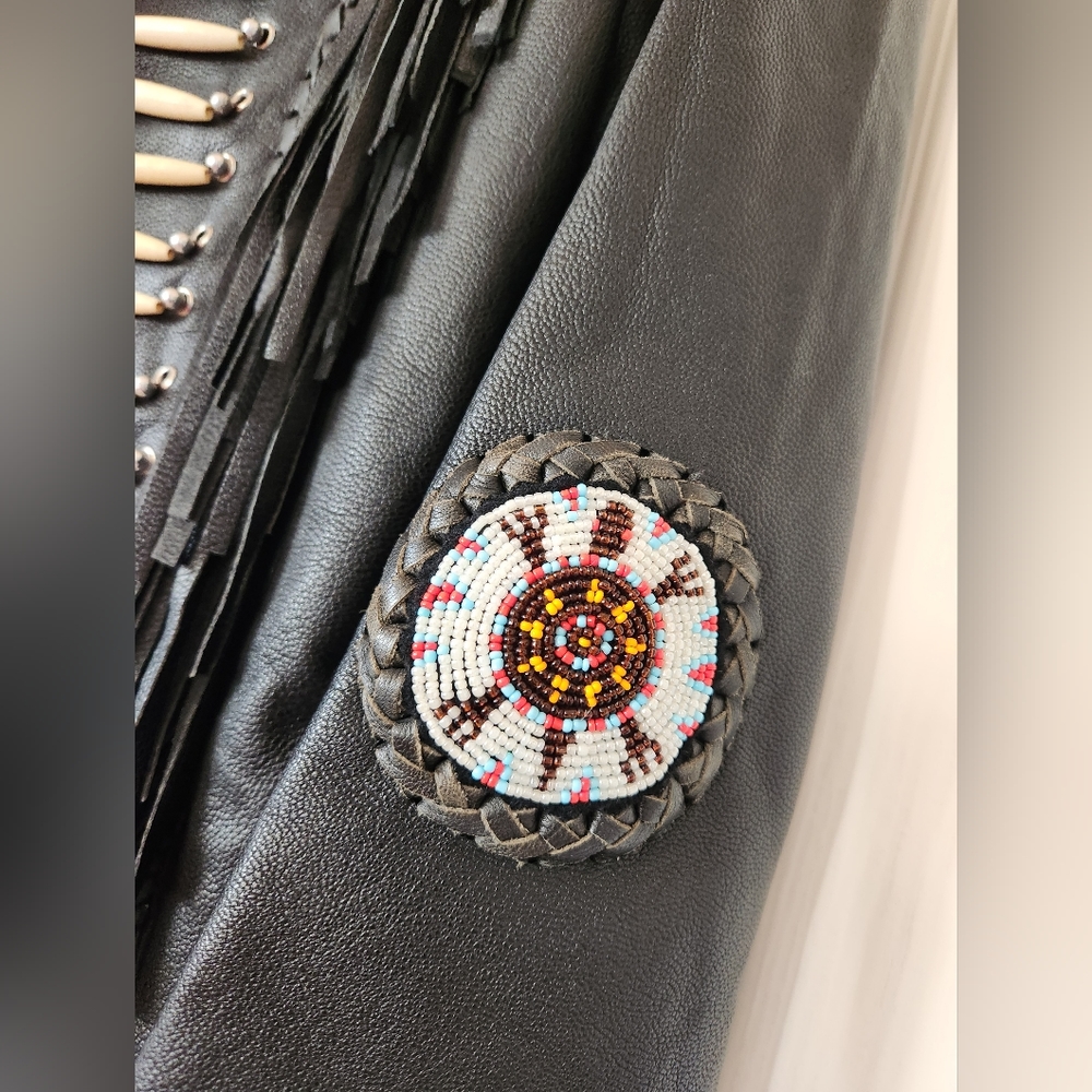 3B WEST Tansmith Black Fringe Multi Beads Leather Western Native Coat Jacket 36 - Picture 6 of 16